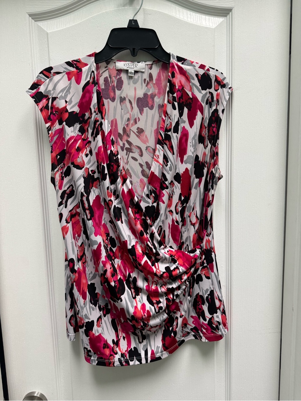 Kasper Pink Black White Floral Drape Front Blouse